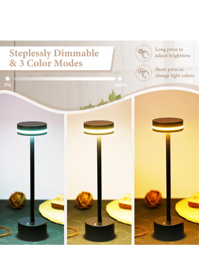 Rechargeable Cordless Table Lamp, Modern LED Desk Lamp with Touch Sensor, Aluminum Shell,  3 Colors Stepless Dimming, USB-C Charging Port, Portable Bedside Lamp for Restaurant/Indoor/Outdoor(Black)