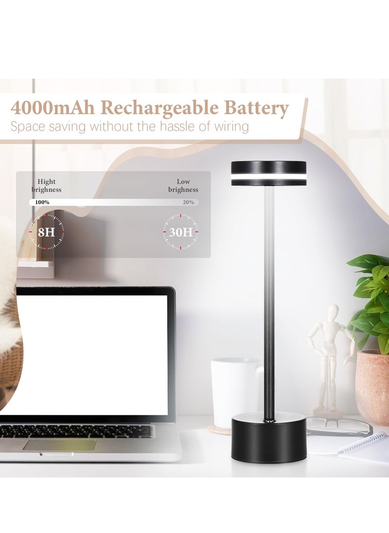 Rechargeable Cordless Table Lamp, Modern LED Desk Lamp with Touch Sensor, Aluminum Shell,  3 Colors Stepless Dimming, USB-C Charging Port, Portable Bedside Lamp for Restaurant/Indoor/Outdoor(Black)