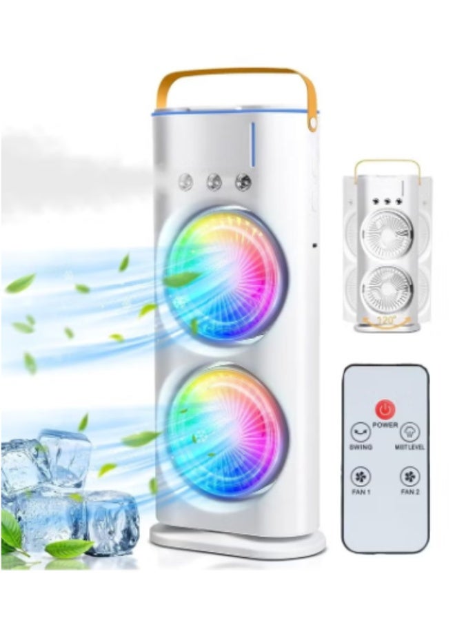 Denx Portable Double-Ended Spray Fan With Remote Control – Power by USB Type C Mist Cooling Tower Fan with 90° Rotation,– Mini Desktop Air Circulator, 280 ml Water Tank, 3 Air Speeds & 3 Cooling Mist, 90° Left and Right Rotation, 7 LED Mobile Air Conditioner for Room, Homes and Office - Image 1