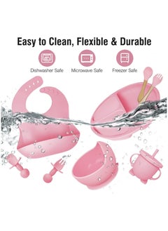 iMissiu Silicone Baby Feeding Set, 9 Piece Baby Led Weaning Supplies, Baby Toddler Bib Cup Divided Plate and Bowl Self Feeding Spoons Dish Set, Baby Eating Utensils, Toddler Feeding Supplies  - Image 4