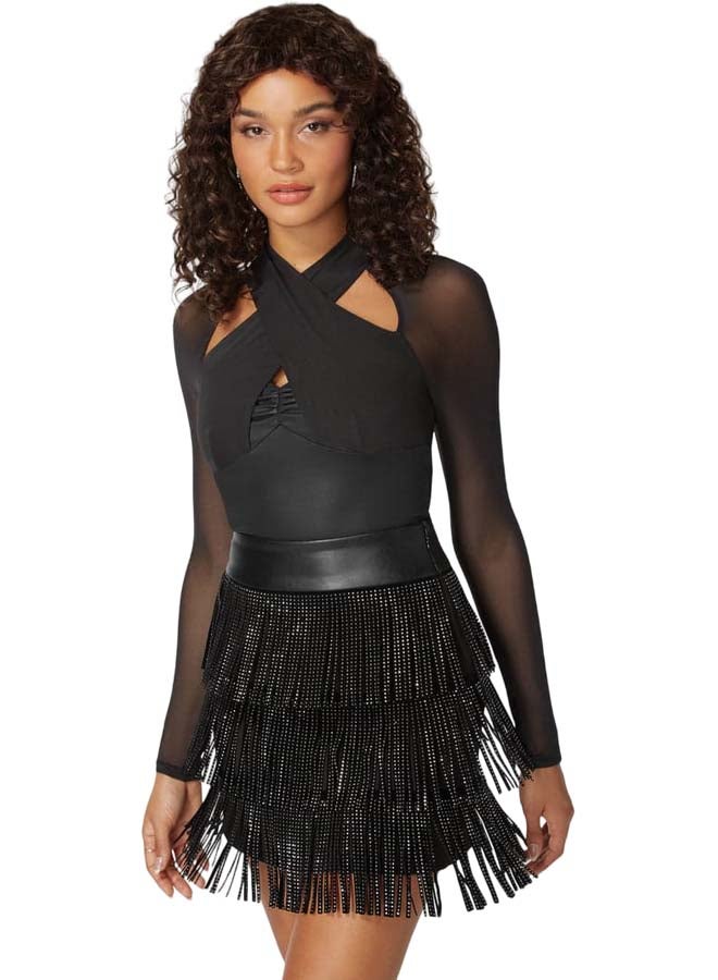 bebe Coated Knit Combo Mesh Halter Neck Bodysuit - Image 1