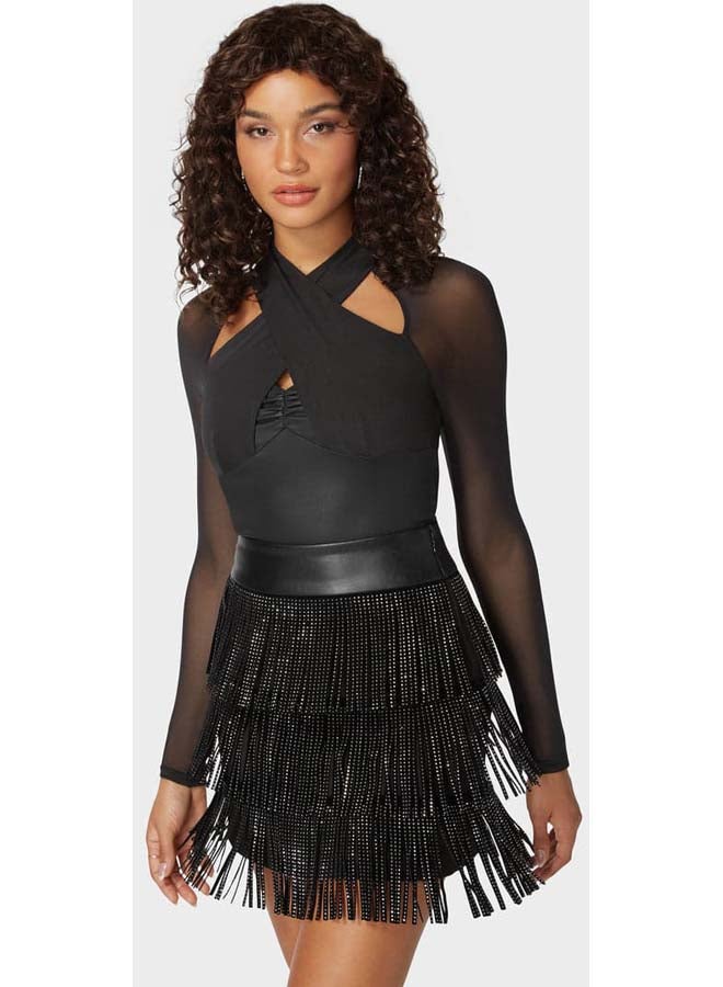 bebe Coated Knit Combo Mesh Halter Neck Bodysuit - Image 2