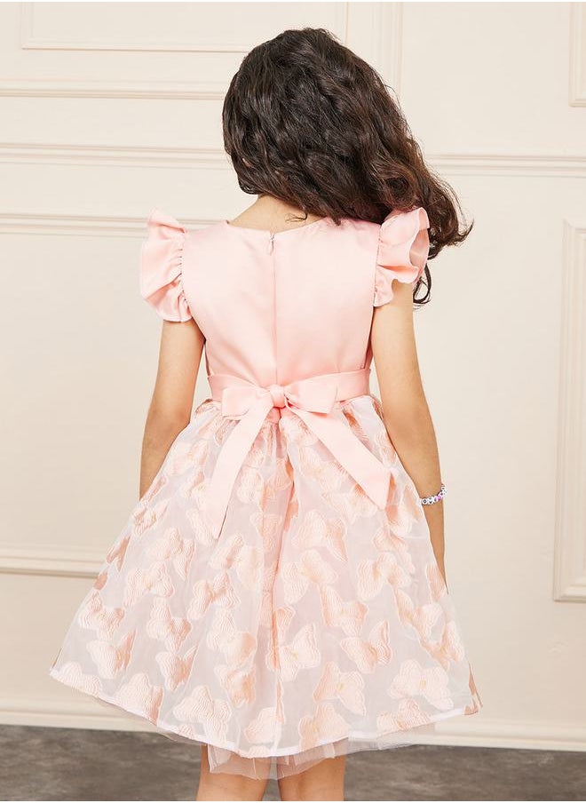 Styli Butterfly Embroidery Bow Detail A-Line Dress with Tie Up  - Image 4