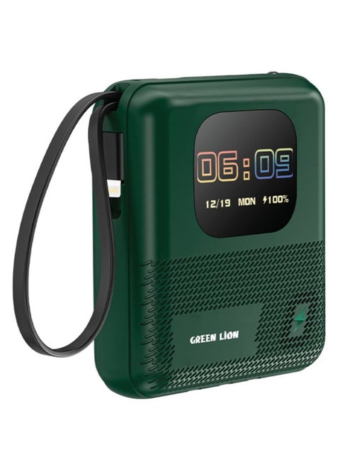 Green Lion Smart Touch Screen 10000mAh Power Bank & Mini Speaker, Smart Charger, 4GB Memory, Built-in Cables (Type-C/Lightning/USB), Bluetooth Call & Multi Touch, PD 20W Charging, Connect With Phone Through the App, Notifications, Games, For iPhone, Samsung & Android Phones - Green