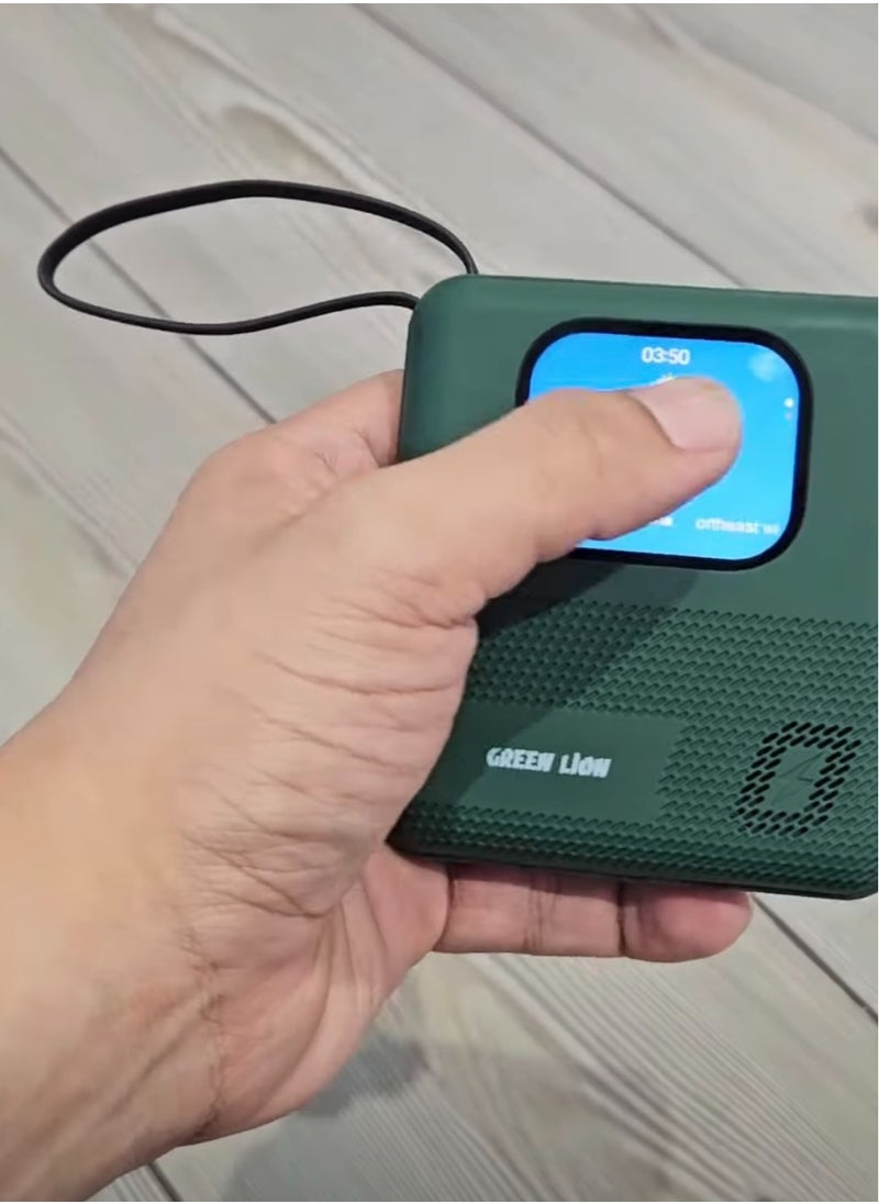 GREEN LION - Green Lion Smart Touch Screen 10000mAh Power Bank & Mini Speaker, Smart Charger, 4GB Memory, Built-in Cables (Type-C/Lightning/USB), Bluetooth Call & Multi Touch, PD 20W Charging, Connect With Phone Through the App, Notifications, Games, For iPhone, Samsung & Android Phones - Green - Image 1