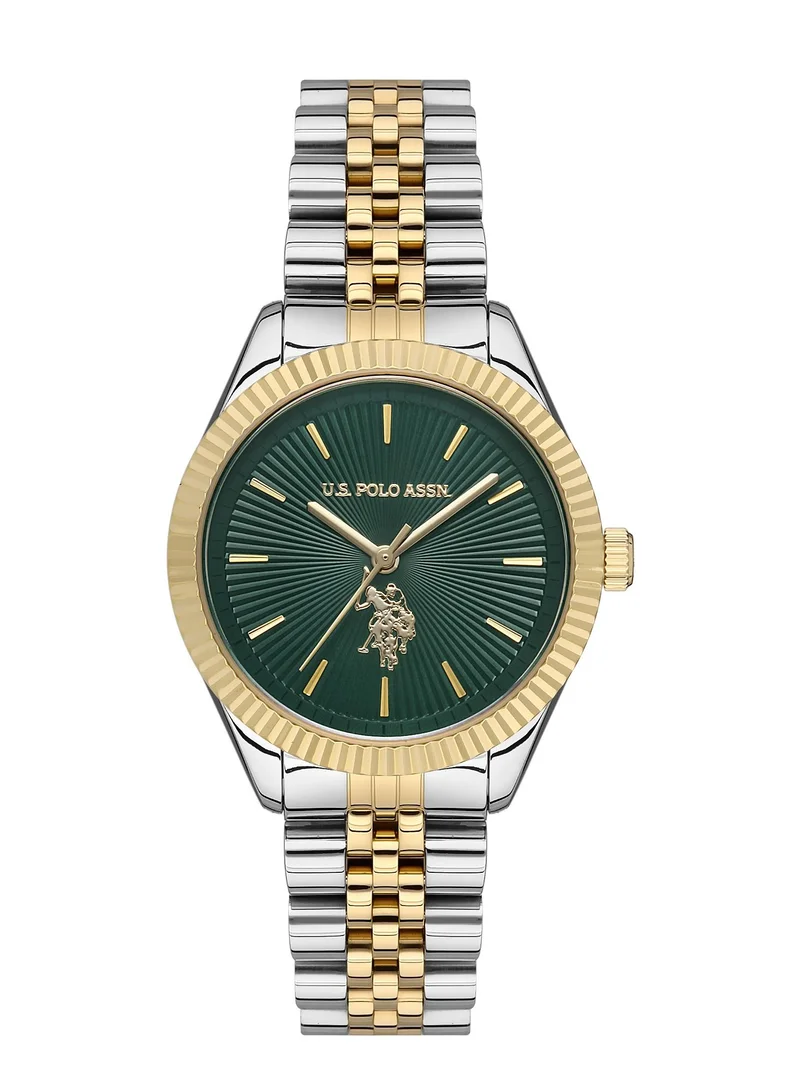 U.S. Polo Assn. USPA Analog Watch For Women With Green Dial And Silver & Gold Bracelet 34 MM- 5 Atm Water Resistance - USPA2045-04
