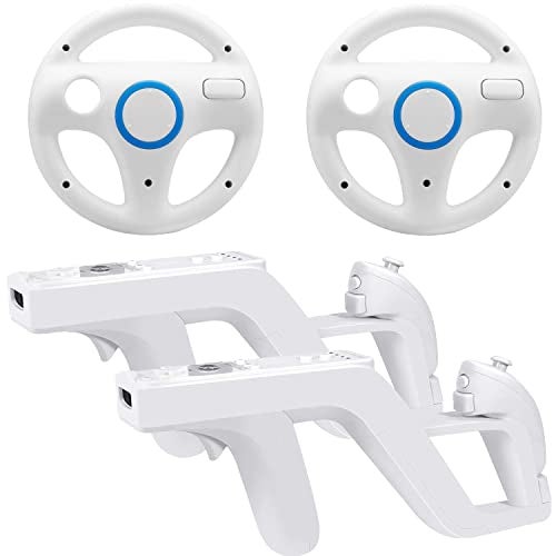 Arrocent Steering Wheel and Zapper Gun Set Compatible with Wii Wii U Remote (Pack of 2, White) - Image 1