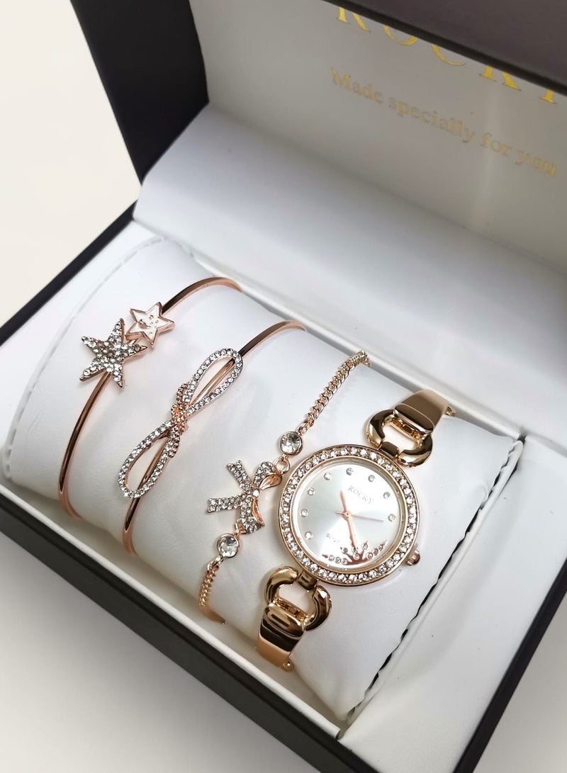 روكي طقم نسائي ماركة روكي يتكون من ساعة ومجموعة من الاساور من الستانلس ستيل - Image 2