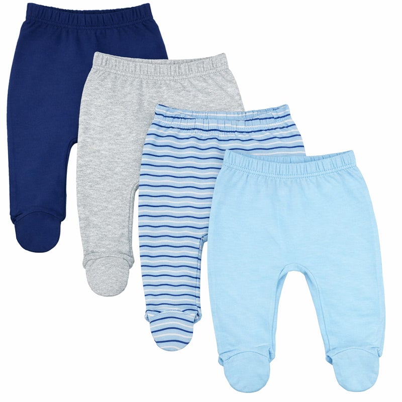 123 Bear Baby Soft Cotton Spandex Pants with Feet Multipack (Blue A 4pk, Newborn) - Image 1
