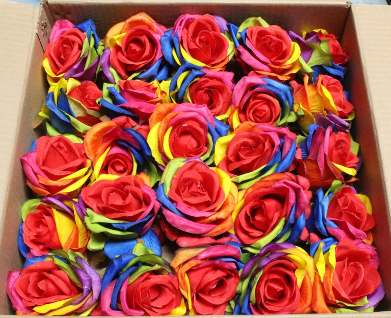 Ooki 25 Handmade Artificial Silk Rainbow Rose Heads Bridesmaid Flower Bush Arrangement Home Decor Wedding Party Celebration Centerpiece DIY