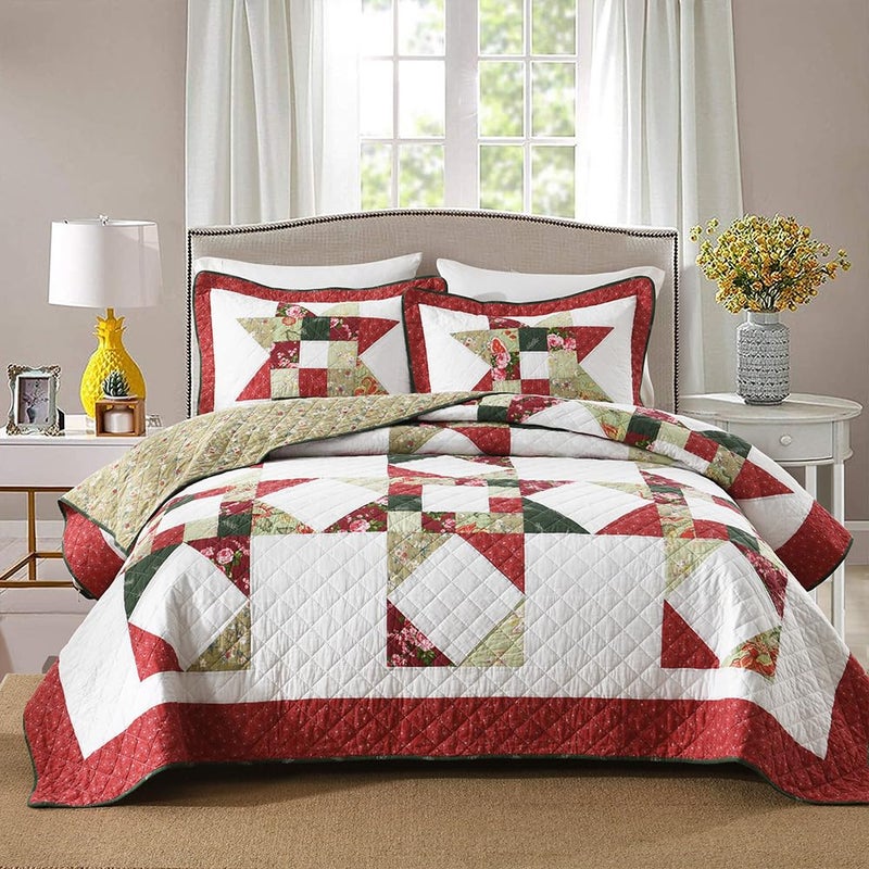 camandy Cotton Quilt Bedding Sets 3 Pieces Soft Reversible Coverlets Luxury Star Real Patchwork Bedspread, Red White, King Size - Image 1