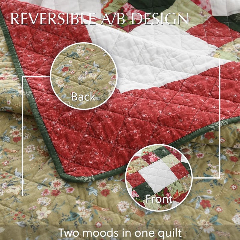 camandy Cotton Quilt Bedding Sets 3 Pieces Soft Reversible Coverlets Luxury Star Real Patchwork Bedspread, Red White, King Size - Image 4