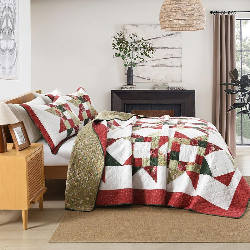 camandy Cotton Quilt Bedding Sets 3 Pieces Soft Reversible Coverlets Luxury Star Real Patchwork Bedspread, Red White, King Size - Image 2