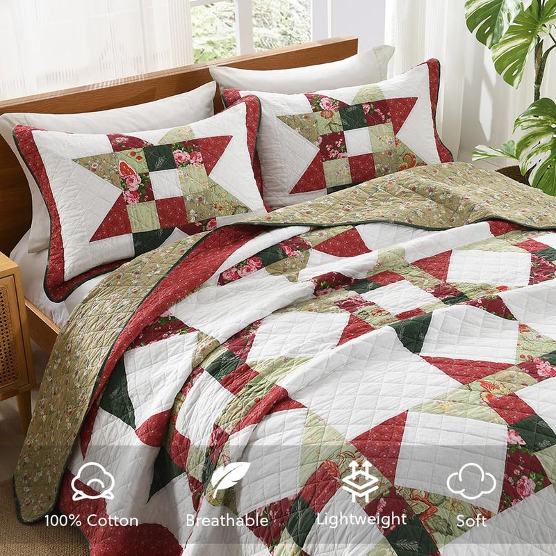 camandy Cotton Quilt Bedding Sets 3 Pieces Soft Reversible Coverlets Luxury Star Real Patchwork Bedspread, Red White, King Size - Image 3