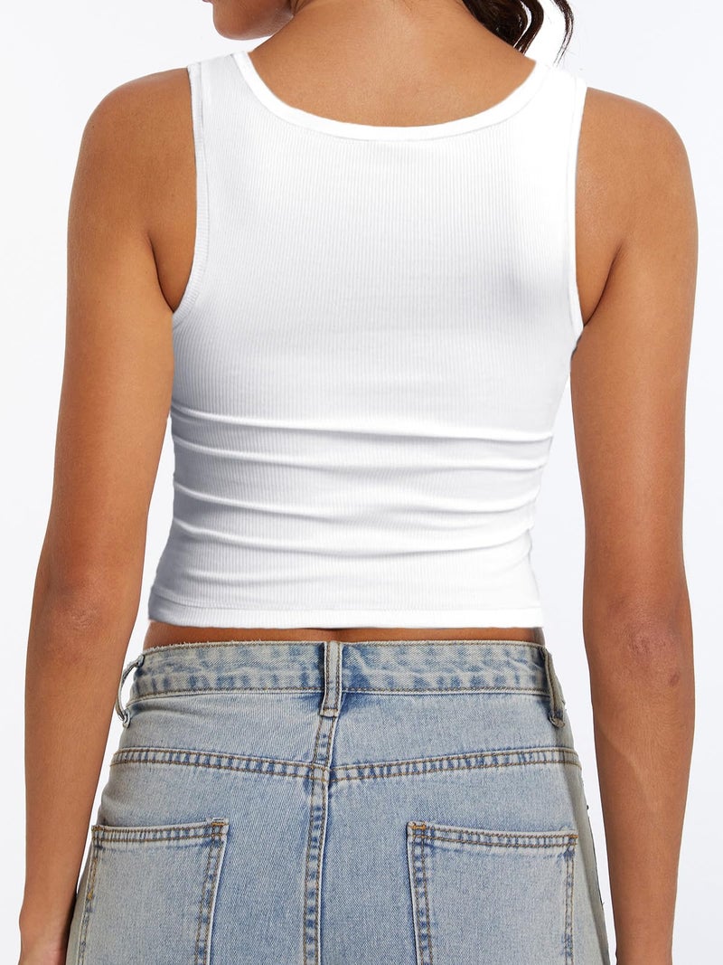AnotherChill Women's Ribbed Crop Tank Tops Scoop Neck High Back Basic Sleeveless Rib Shirt Summer Athletic Top (White, X-Small) - Image 2