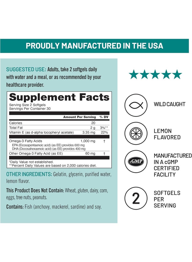 NatureWise Extra-Strength Omega 3 Fish Oil Supplement - 1000mg per Serving - 600 EPA & 400 DHA + Vitamin E  - Lemon Flavor - 60 Softgels (1-Month Supply) - Image 2