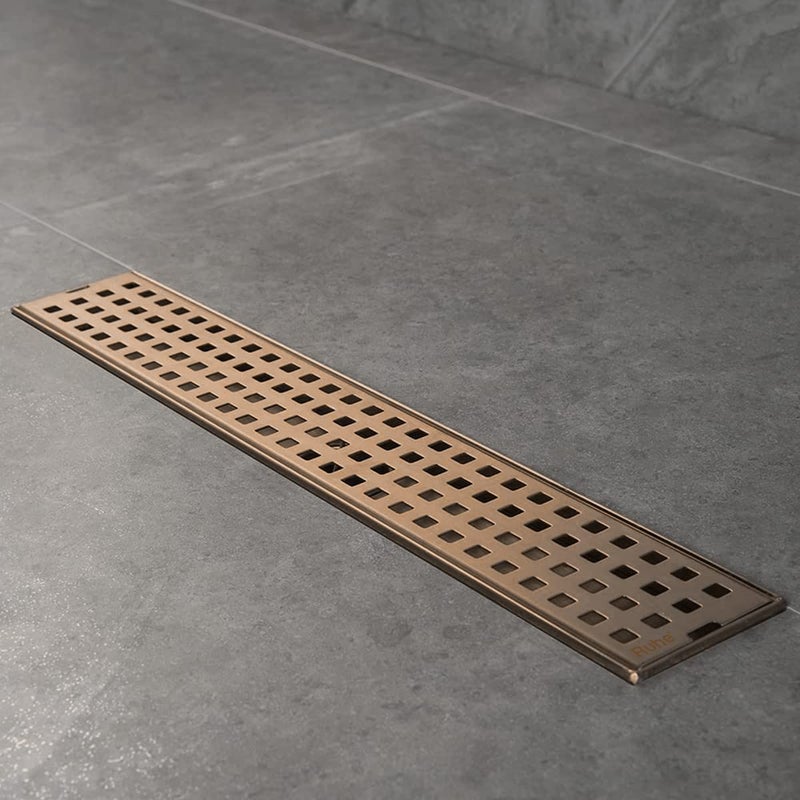 RUHE قناة تصريف الدش الفاخرة Ruhe Palo بتغطية PVD 32 × 5 بوصة مع فخ الصراصير وفتحة جانبية من الفولاذ المقاوم للصدأ من الدرجة 304 باللون النحاسي العتيق - Image 1
