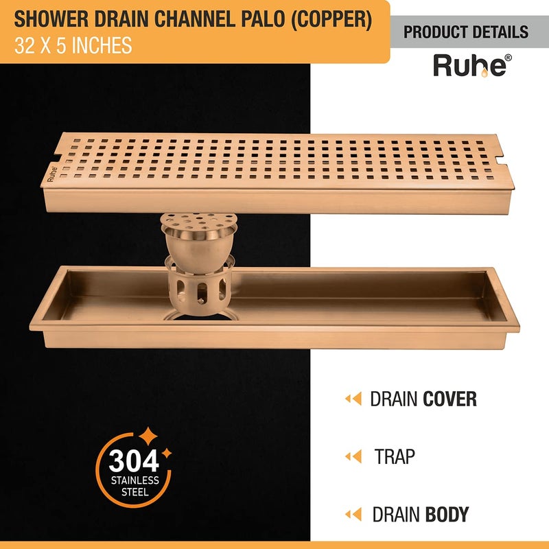 RUHE قناة تصريف الدش الفاخرة Ruhe Palo بتغطية PVD 32 × 5 بوصة مع فخ الصراصير وفتحة جانبية من الفولاذ المقاوم للصدأ من الدرجة 304 باللون النحاسي العتيق - Image 4