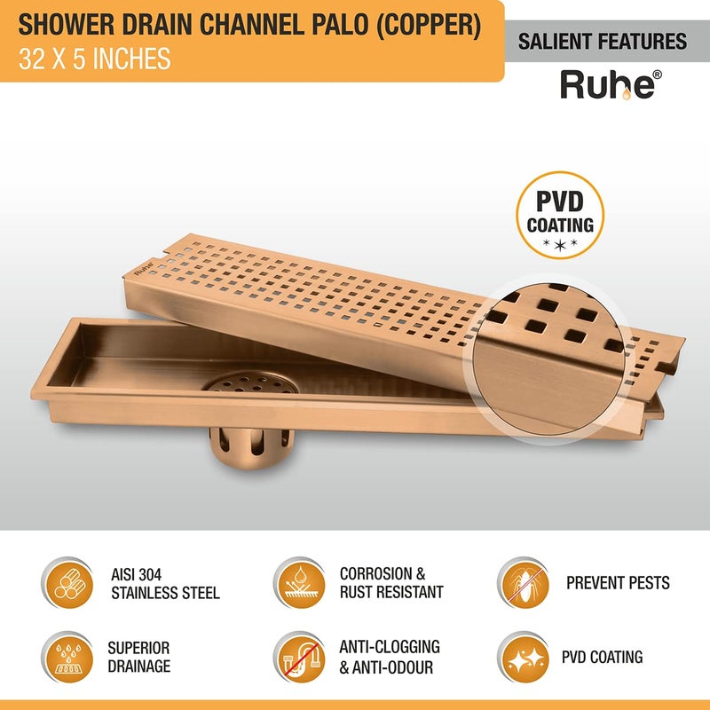 RUHE قناة تصريف الدش الفاخرة Ruhe Palo بتغطية PVD 32 × 5 بوصة مع فخ الصراصير وفتحة جانبية من الفولاذ المقاوم للصدأ من الدرجة 304 باللون النحاسي العتيق - Image 3