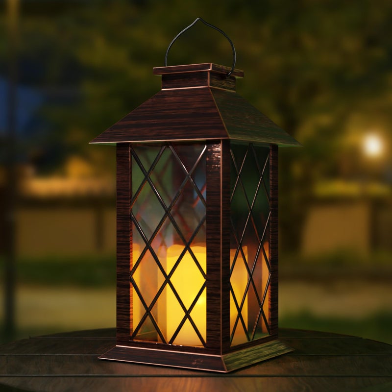 AFINETH Outdoor Solar Lanterns, Waterproof Hanging Lantern with LED Flickering Flameless Candle, 13'' Bronze Outdoor Solar Powered Lantern Decor for Porch Patio Garden Balcony Pathway, 1 Pack - Image 1