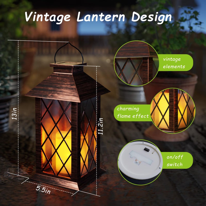 AFINETH Outdoor Solar Lanterns, Waterproof Hanging Lantern with LED Flickering Flameless Candle, 13'' Bronze Outdoor Solar Powered Lantern Decor for Porch Patio Garden Balcony Pathway, 1 Pack - Image 2