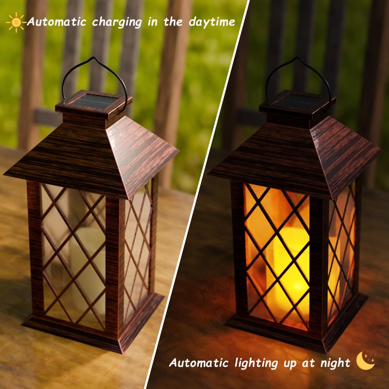 AFINETH Outdoor Solar Lanterns, Waterproof Hanging Lantern with LED Flickering Flameless Candle, 13'' Bronze Outdoor Solar Powered Lantern Decor for Porch Patio Garden Balcony Pathway, 1 Pack - Image 4