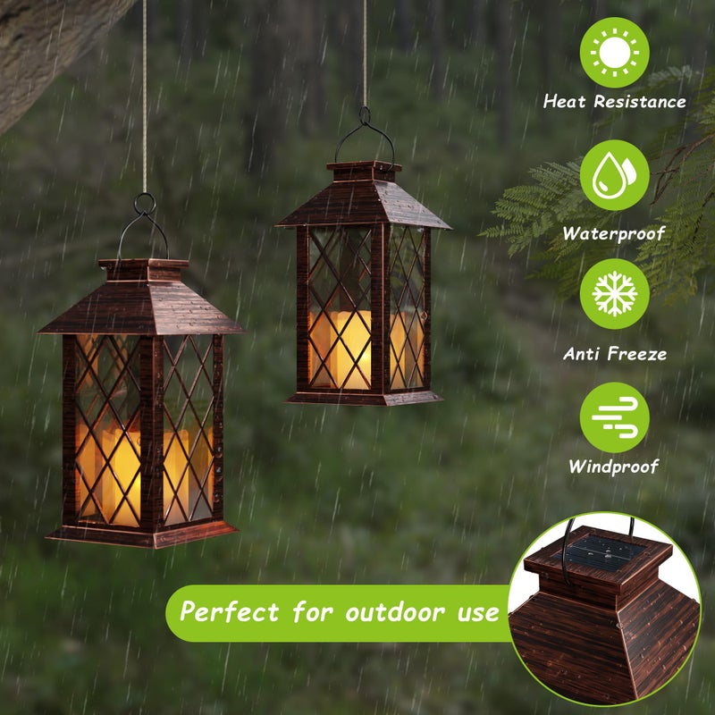 AFINETH Outdoor Solar Lanterns, Waterproof Hanging Lantern with LED Flickering Flameless Candle, 13'' Bronze Outdoor Solar Powered Lantern Decor for Porch Patio Garden Balcony Pathway, 1 Pack - Image 3