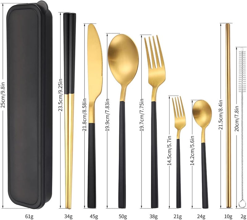 AARainbow 6 Pieces Stainless Steel Flatware Set Portable Reusable Cutlery Set Travel Utensils Set Including Chopsticks Knife Fork Spoon Straws Cleaning Brush Dishwasher Safe (B-Black golden) - Image 2