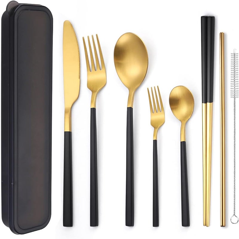 AARainbow 6 Pieces Stainless Steel Flatware Set Portable Reusable Cutlery Set Travel Utensils Set Including Chopsticks Knife Fork Spoon Straws Cleaning Brush Dishwasher Safe (B-Black golden) - Image 1