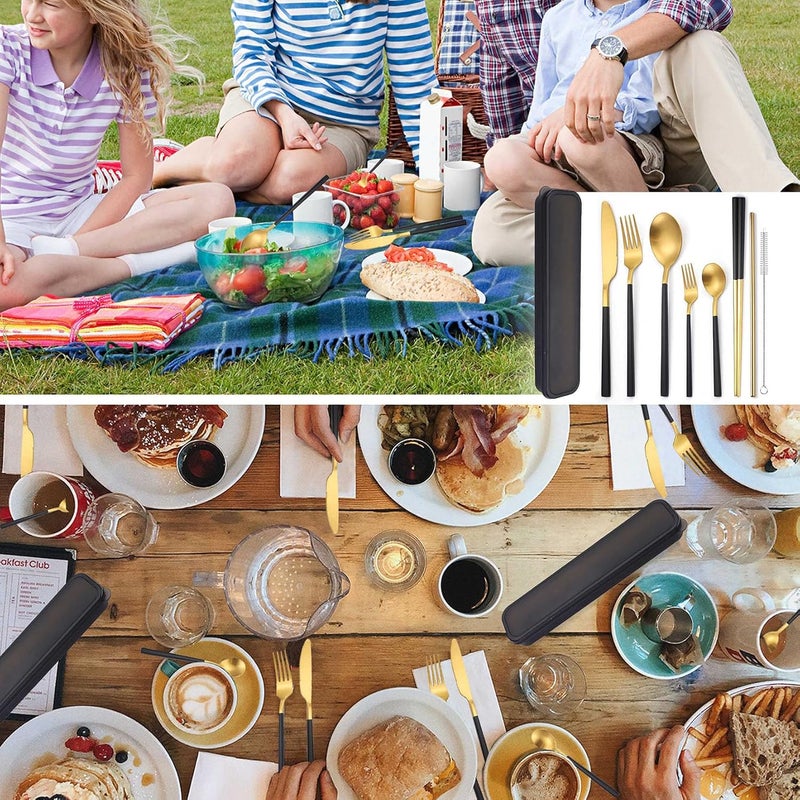 AARainbow 6 Pieces Stainless Steel Flatware Set Portable Reusable Cutlery Set Travel Utensils Set Including Chopsticks Knife Fork Spoon Straws Cleaning Brush Dishwasher Safe (B-Black golden) - Image 4