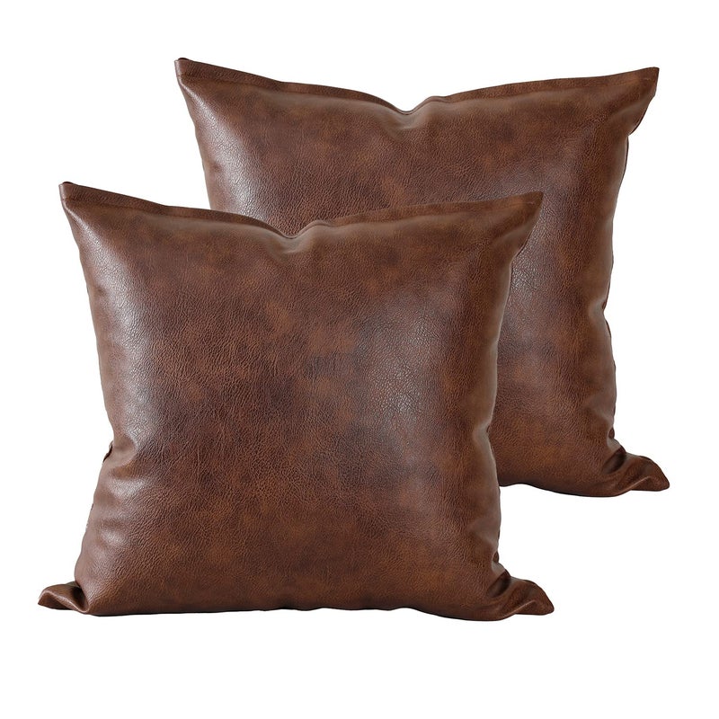 مجموعة من 2 غطاء وسادة من الجلد الصناعي 16 x 16 بني داكن فخم عصري بوهيمي غطاء وسادة زخرفي لحالات الوسائد للكنبة في غرفة المعيشة السرير