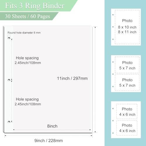 Dxmimer 11 x 9 Inch Album Refill Pages for 3 Ring Binder - Self Adhesive Pages, Replacement Sheets for 2x3, 4x6, 5x7, 8x10 Photos (30 Sheets/ 60 Pages) - Image 2