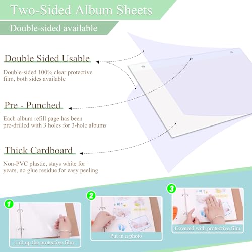 Dxmimer 11 x 9 Inch Album Refill Pages for 3 Ring Binder - Self Adhesive Pages, Replacement Sheets for 2x3, 4x6, 5x7, 8x10 Photos (30 Sheets/ 60 Pages) - Image 3