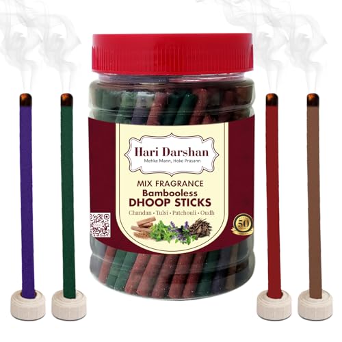 Hari Darshan Mix Fragrance Dhoop Sticks | Chandan Oudh Patchouli Tulsi | Bamboo Less Carbon Free Long Lasting Incense Sticks | Pooja Essential Meditation Home Aromatic Experience | Pack of 96 Sticks - Image 1