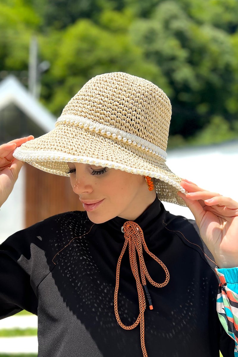 Remsa Mayo Pearled Handmade Straw Hat RŞ-103 Beige  - Image 1