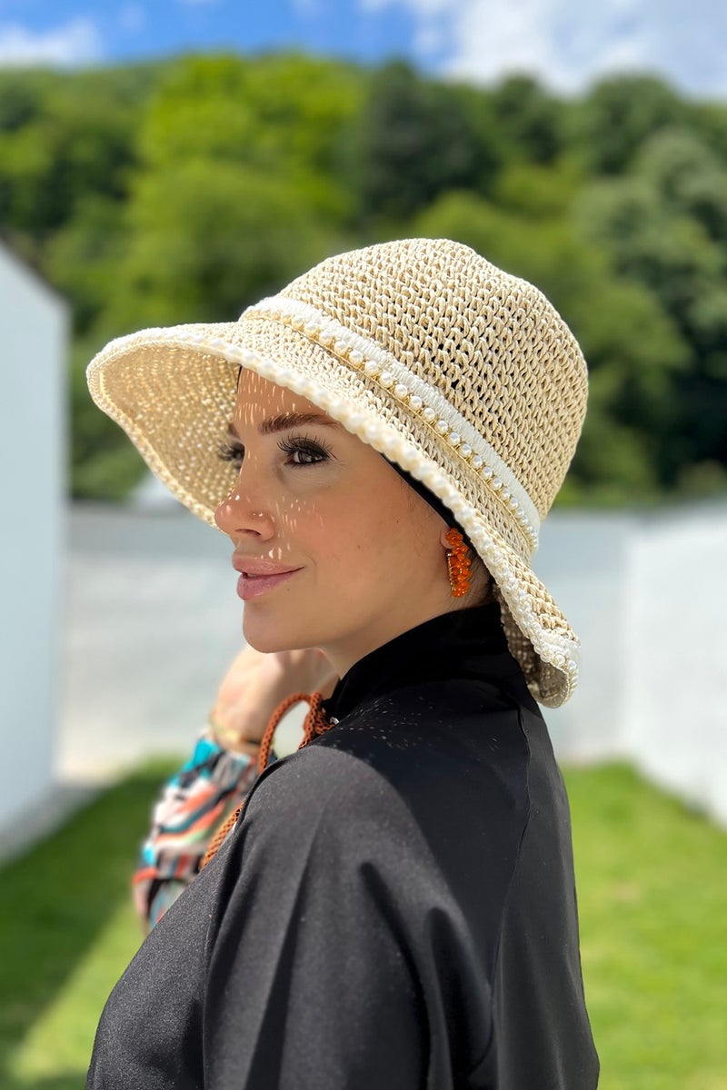 Remsa Mayo Pearled Handmade Straw Hat RŞ-103 Beige  - Image 4