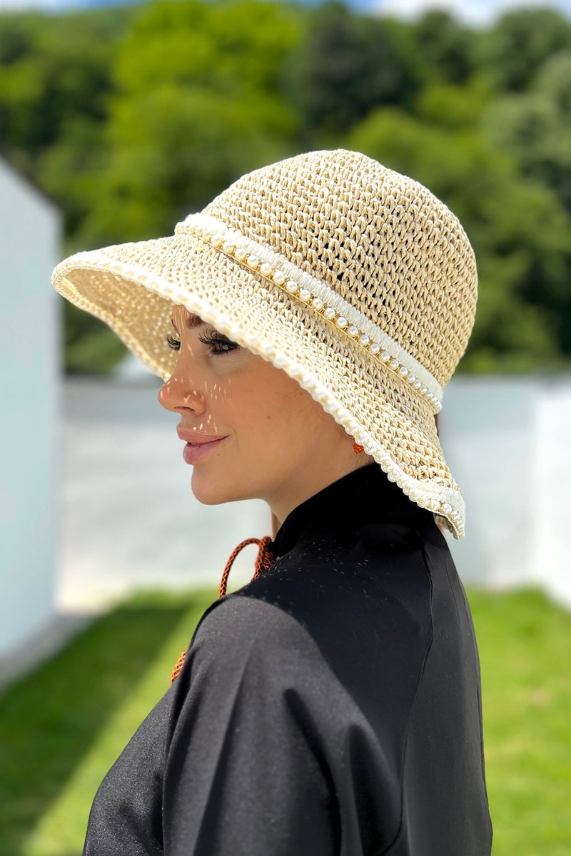 Remsa Mayo Pearled Handmade Straw Hat RŞ-103 Beige  - Image 2