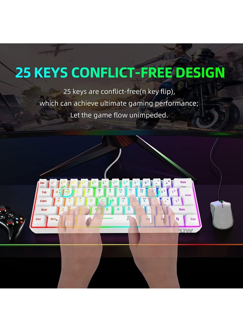 Rock Pow 60% Wired Gaming Keyboard, 61 Keys RGB Backlit Wrist Rest Ultra-Compact Mini Waterproof Keyboard for PC Computer Gamer White - Image 5
