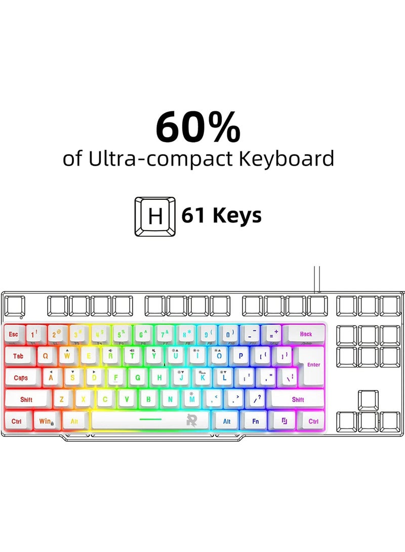 Rock Pow 60% Wired Gaming Keyboard, 61 Keys RGB Backlit Wrist Rest Ultra-Compact Mini Waterproof Keyboard for PC Computer Gamer White - Image 2