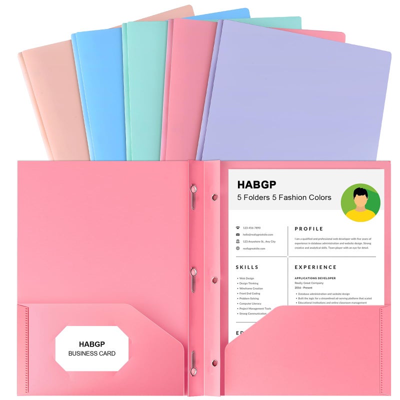 HABGP Two Pocket Folder With Prongs (5 Pack, Pastel Colors), Plastic Folders With Pockets and Business Card Holder, Fit Letter Size, for Organizing Papers in School, Office & Business - Image 1