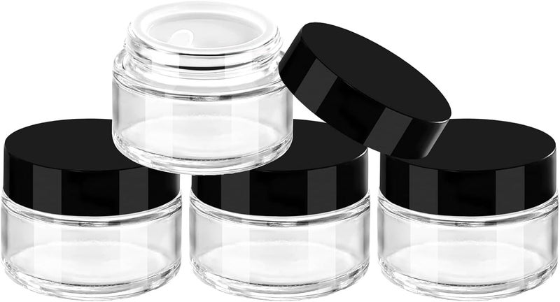 TUZAZO 1 OZ Small Glass Jars with Black Lids, 4 Pack Clear Round Glass Jars with Inner Liners Empty Cosmetic Containers for Creams, Lotions, Body Butters, Powders