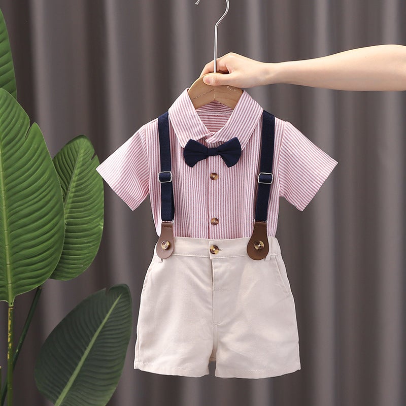 Boys Small and Medium-sized Childrens Short-sleeved Suit Summer New Style Boys and Babies Vertical Bow-tie Strap Short-sleeved Two-piece Fashionable Suit Pink