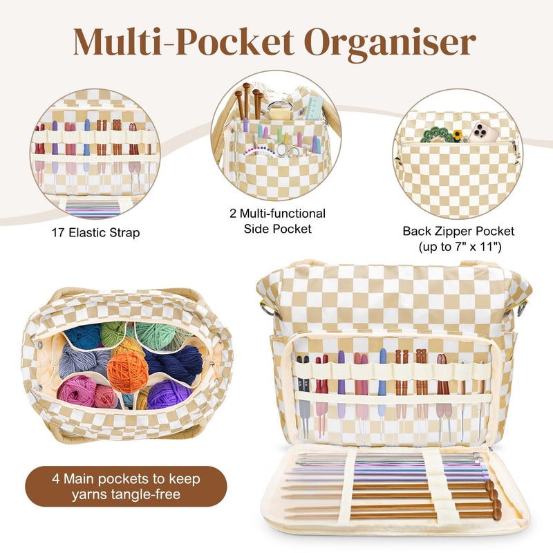 DALINDA Crochet Bag and Tote - Yarn Bag Organizer for Crochet Supplies,Crochet Accessories, Knitting Bag for Crochet Lovers(Brown Plaid) - Image 3