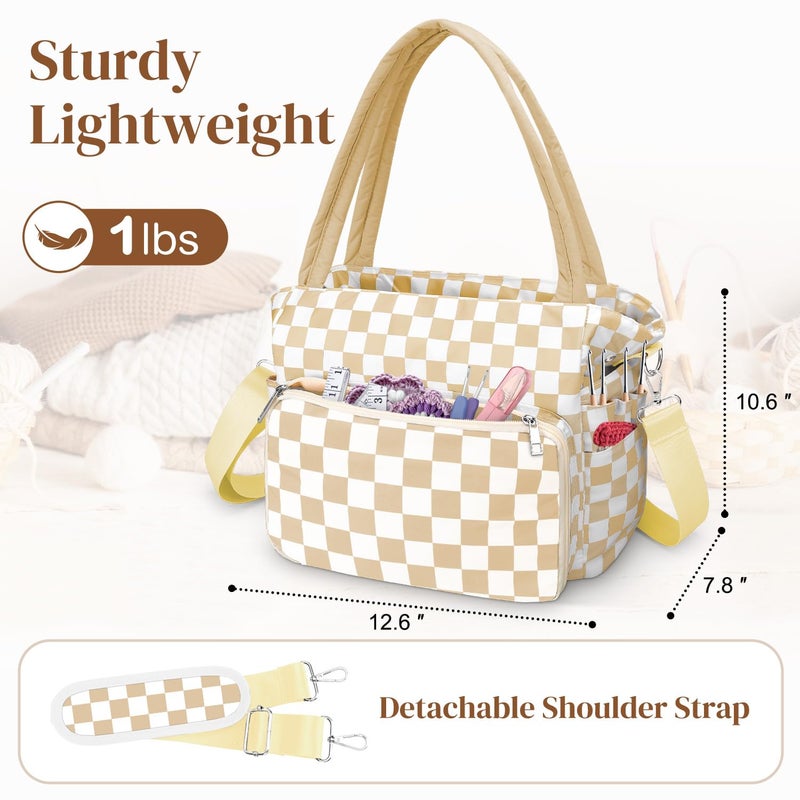 DALINDA Crochet Bag and Tote - Yarn Bag Organizer for Crochet Supplies,Crochet Accessories, Knitting Bag for Crochet Lovers(Brown Plaid) - Image 5