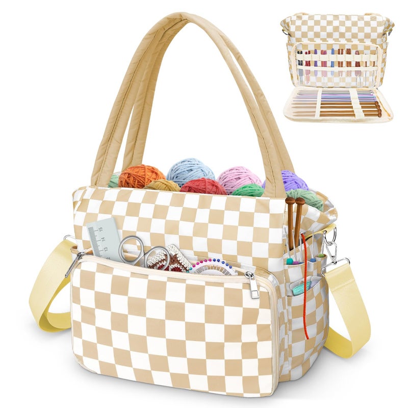 DALINDA Crochet Bag and Tote - Yarn Bag Organizer for Crochet Supplies,Crochet Accessories, Knitting Bag for Crochet Lovers(Brown Plaid) - Image 1