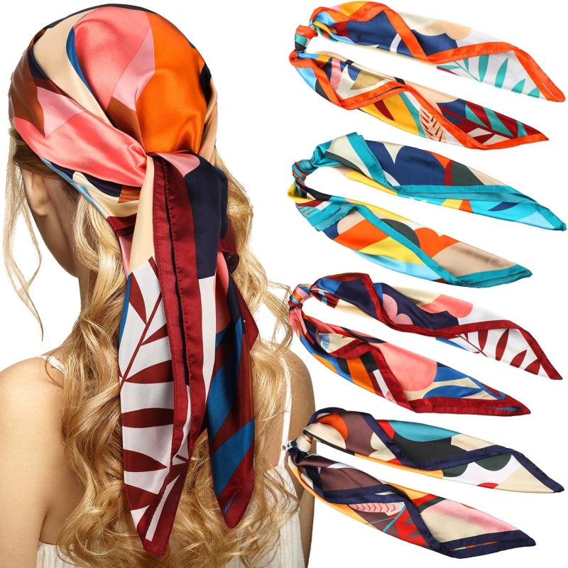 4 packs of 35-inch large square satin printed headscarves, imitation silk headbands, floral pattern headscarves, multi-purpose scarves and hair accessories - Image 3