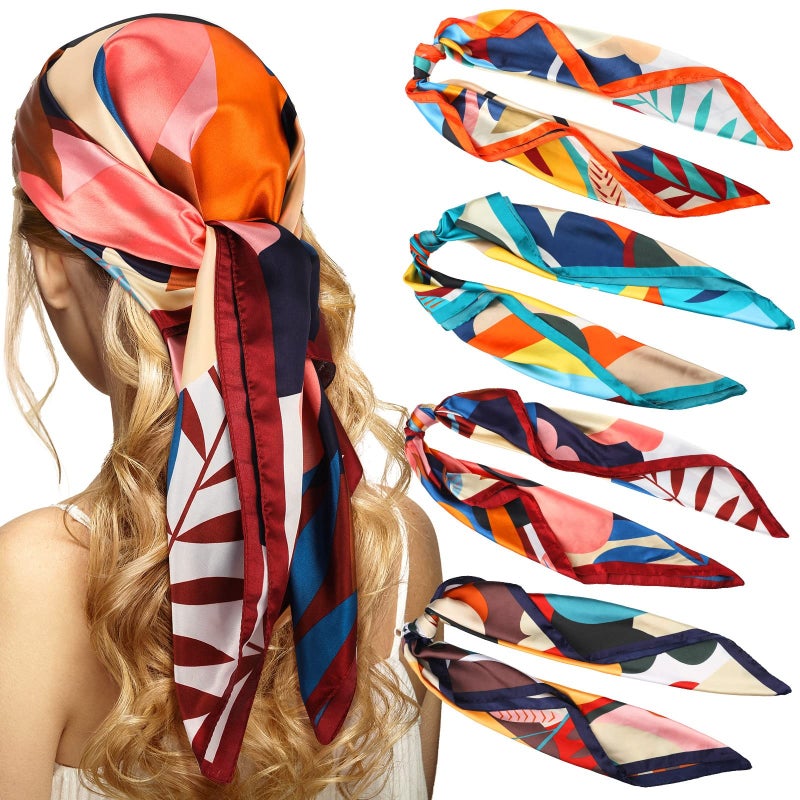 4 packs of 35-inch large square satin printed headscarves, imitation silk headbands, floral pattern headscarves, multi-purpose scarves and hair accessories - Image 1