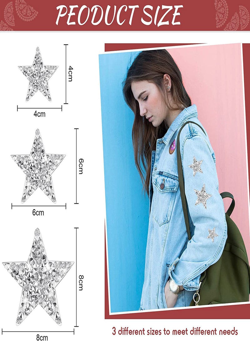 SYOSI Iron On Star Patches, 30Pcs 3 Sizes Silver Rhinestone Shiny Star Patche Appliques for Jeans Bag Pant Clothing Repair,  Clothes Bag Pants Cellphone Decor DIY Crafts, Silver Star Patches - Image 2