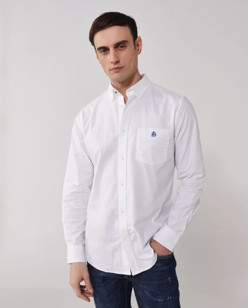 Rare Rabbit Rare Rabbit Men Oxob White Full Sleeve Collared Neck Button Closure Regular Fit Plain Shirt