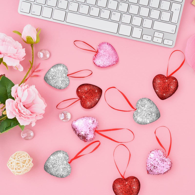 Kathfly 30 Pieces Glitter Valentine's Day Heart Ornaments Hanging Multi Color Foam Baubles Artificial Colorful Christmas Wedding Anniversary Heart Shaped Valentines Decorations for Tree, 3 Colors - Image 4